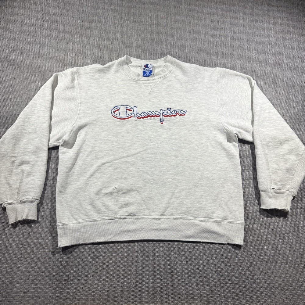 Champion Sweatshirt Mens Large Gray Spell Out Logo Fleece Crewneck Pullover